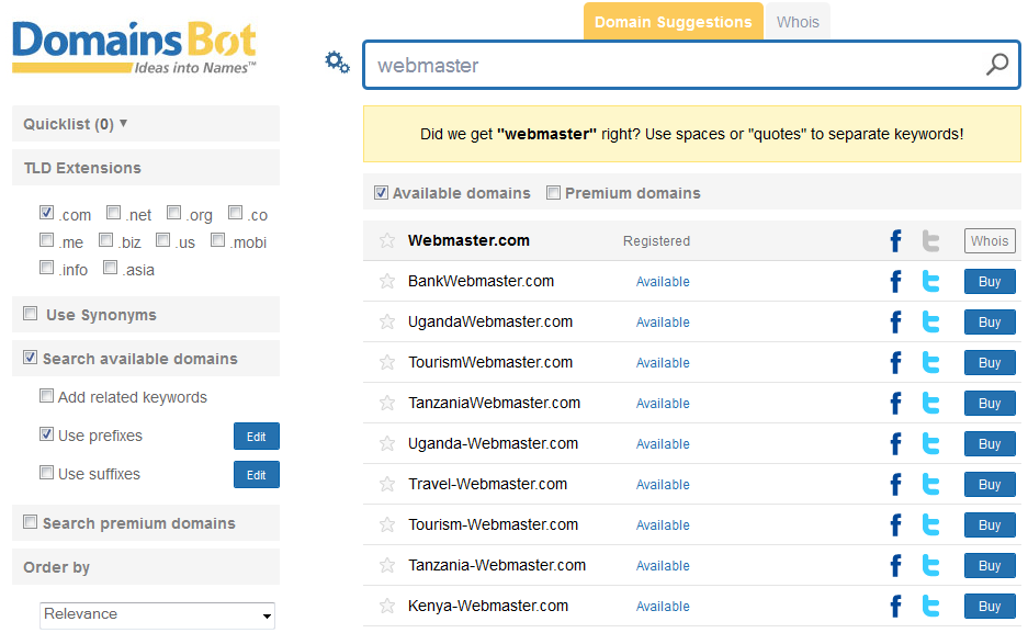 domain search with domiansbot.com