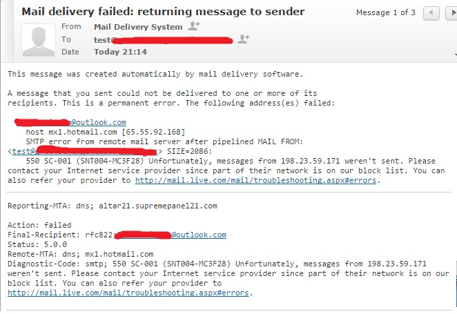 Sample of mail delivery failed from Microsoft after blockage